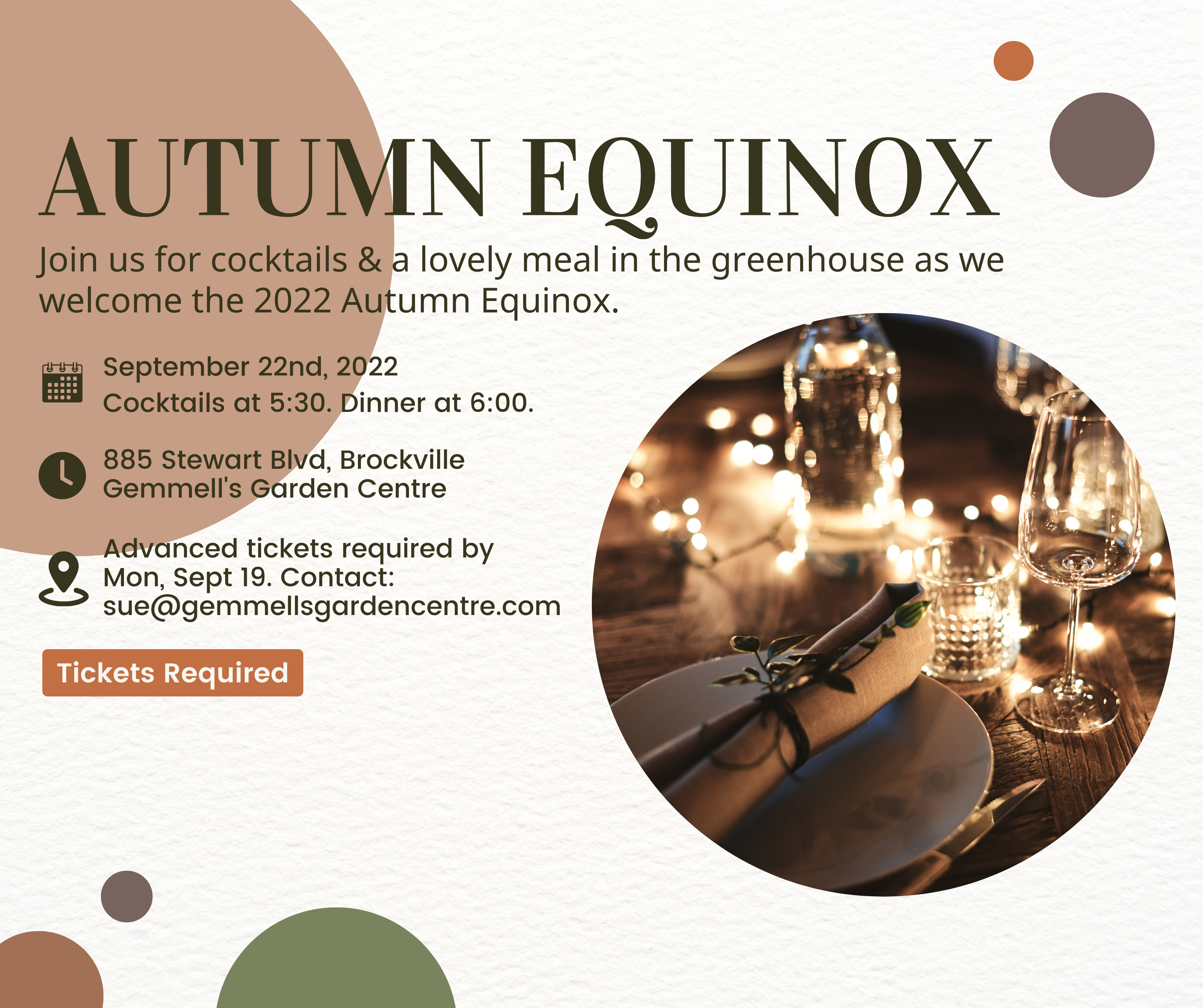 Autumn Equinox Cocktail Dinner Party 5:30pm to 9pm Gemmell's Brockville